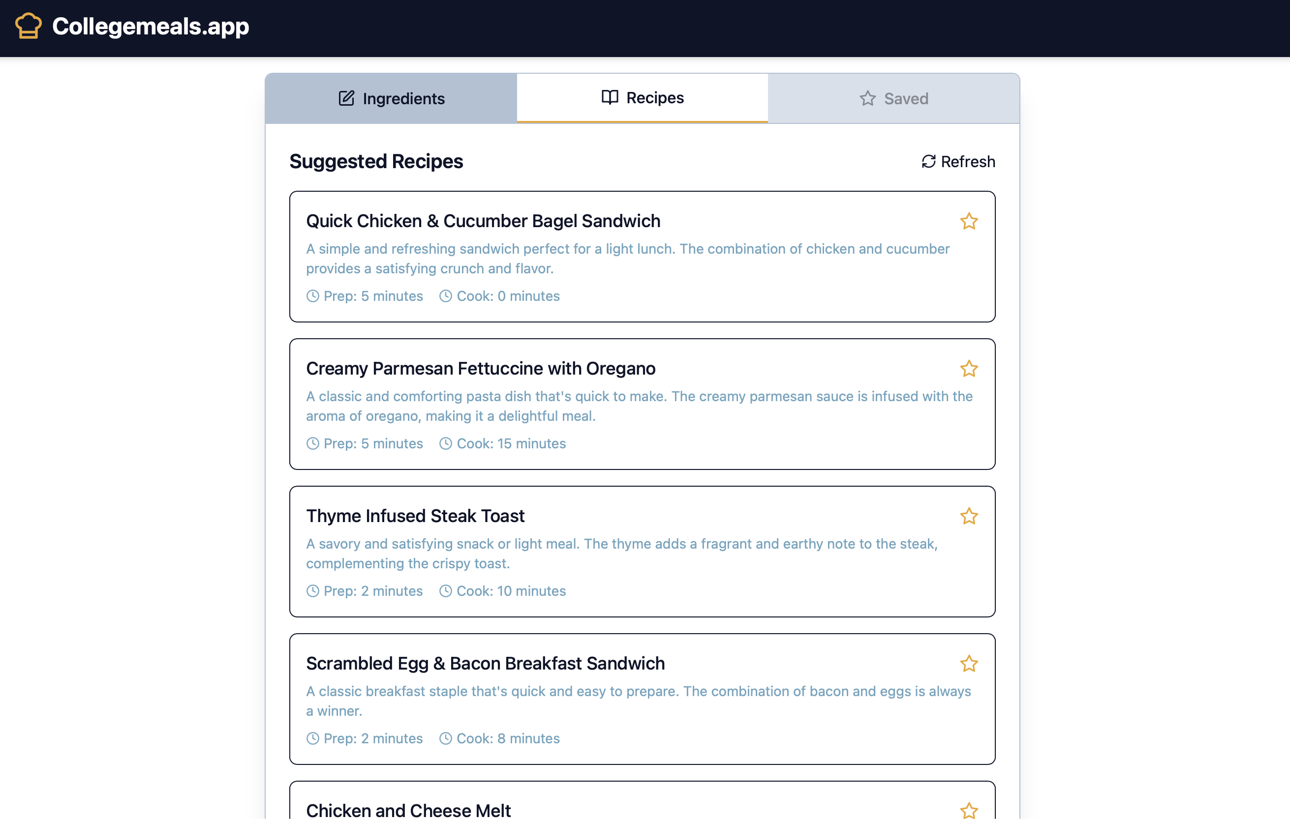 CollegeMeals Web App Screenshot